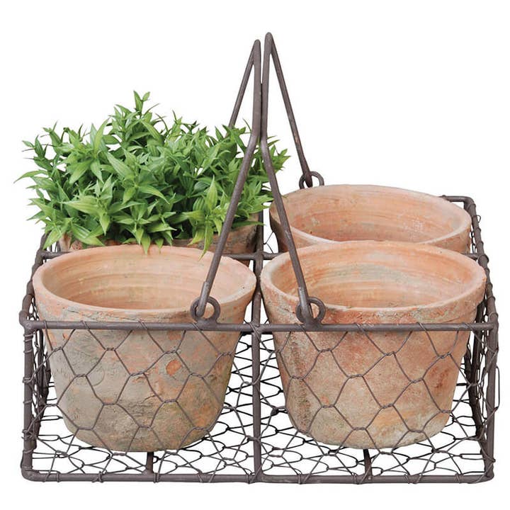 Aged Terracotta 4 Flower Pots in Metal Basket w/Handle for wholesale by Esschert Design USA