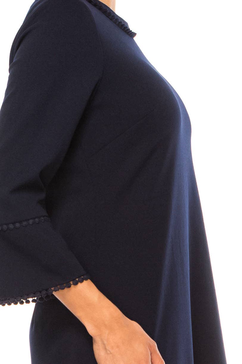 NAVY Jessica Rose Pompom Trim Bell Sleeve Sheath Dress for wholesale on Faire3
