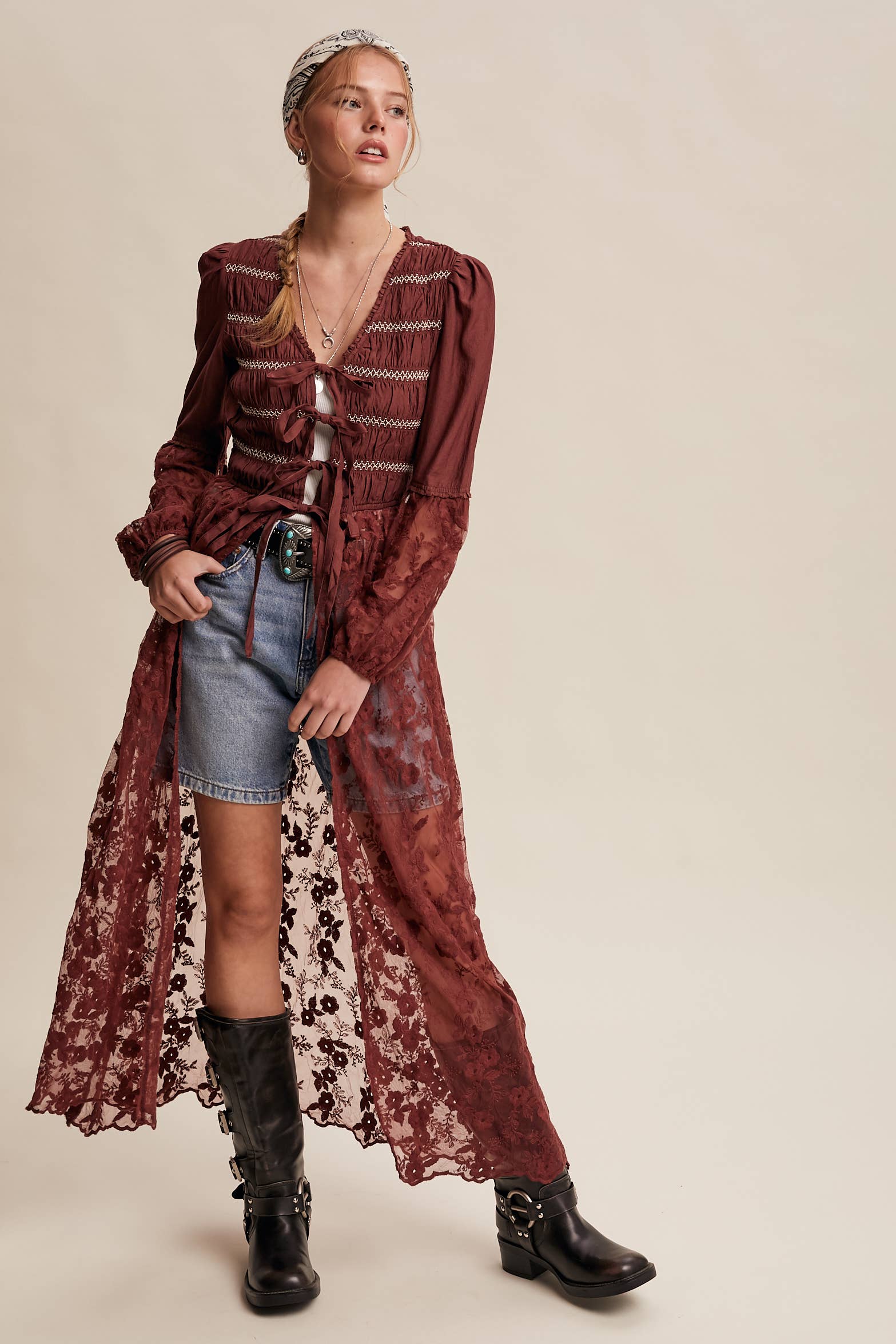 Listicle - Wholesale Kimono - Women's - Lace-Up Embroidered Maxi Kimono LJ026116