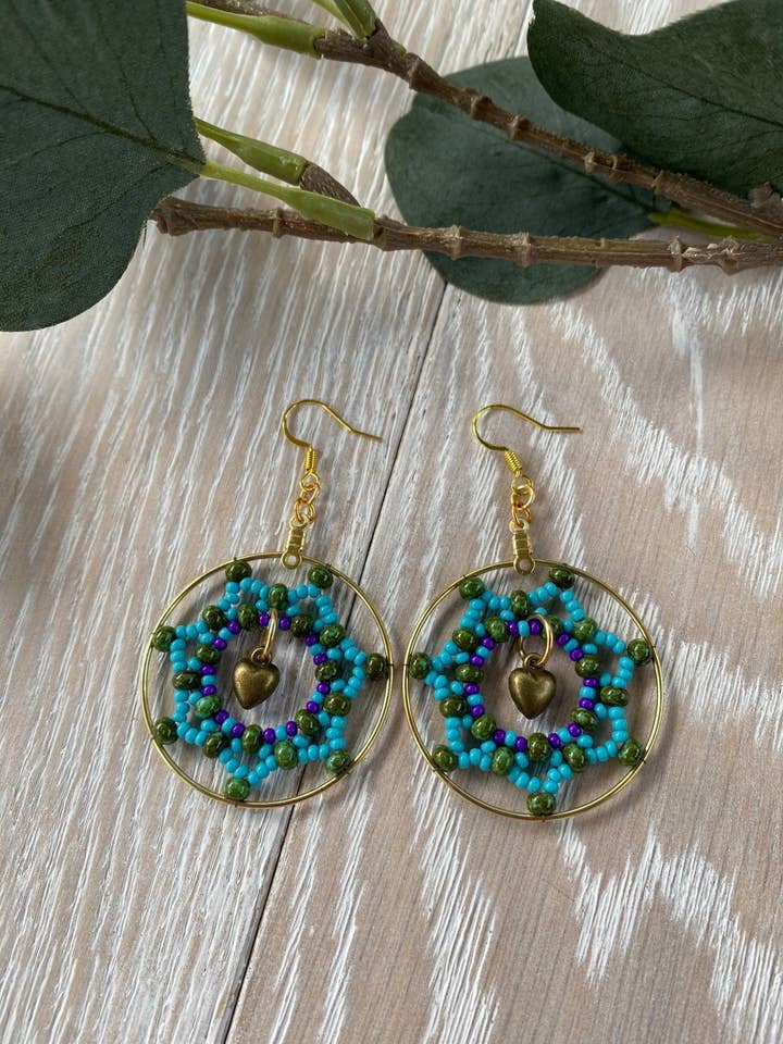 Dream Catcher Earrings with Heart Charm for wholesale by Hazel Earth Design