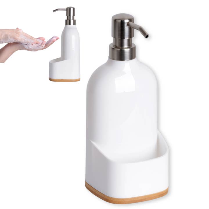 Distributeur de savon BASE - Plastique/Bambou Blanc pour la vente par Kook Shop