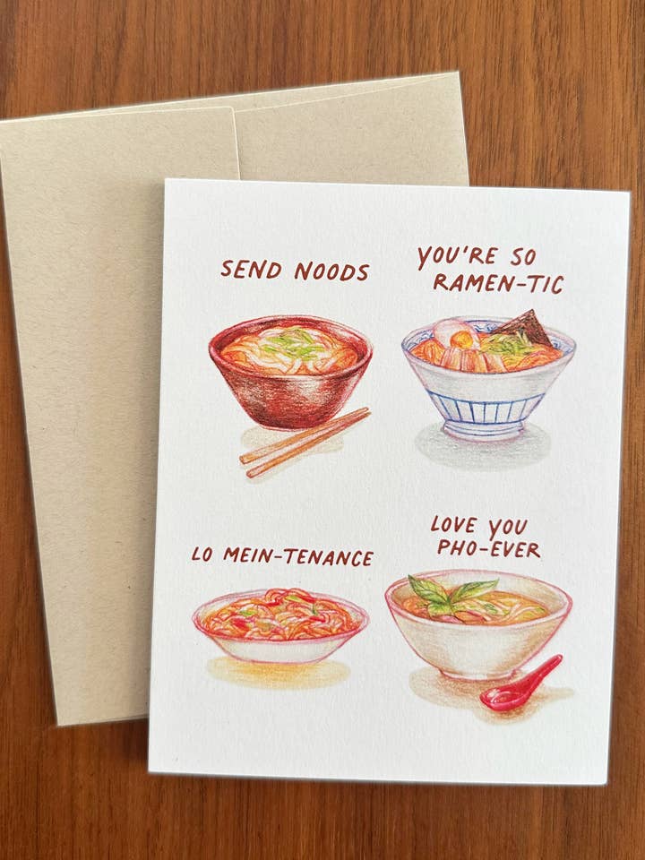 Tarjeta de juego de palabras para amantes de los fideos - Ramen Udon Pho Lo Mein AAPI para venta al por mayor de Jennifer Yung Art