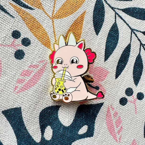 CapyFun - Wholesale Lapel Pin/Button - Cute Axolotl Pink Dragon Boba Tea Hard Enamel Pin Gift3