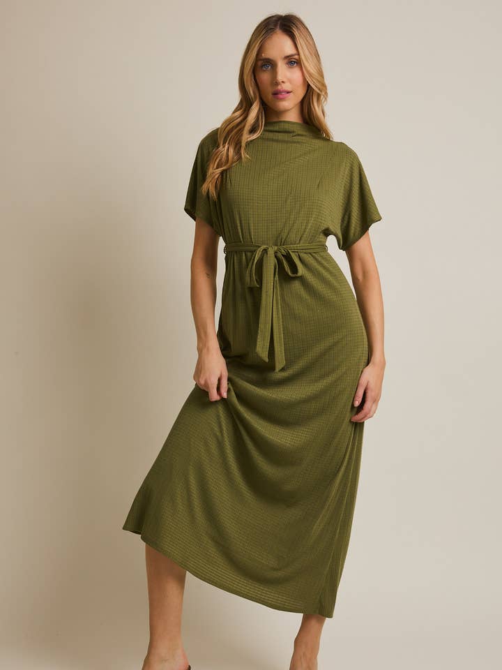 MOCK NECK SHORT SLEEVE WAIST TIE MAXI DRESS for wholesale by GILLI