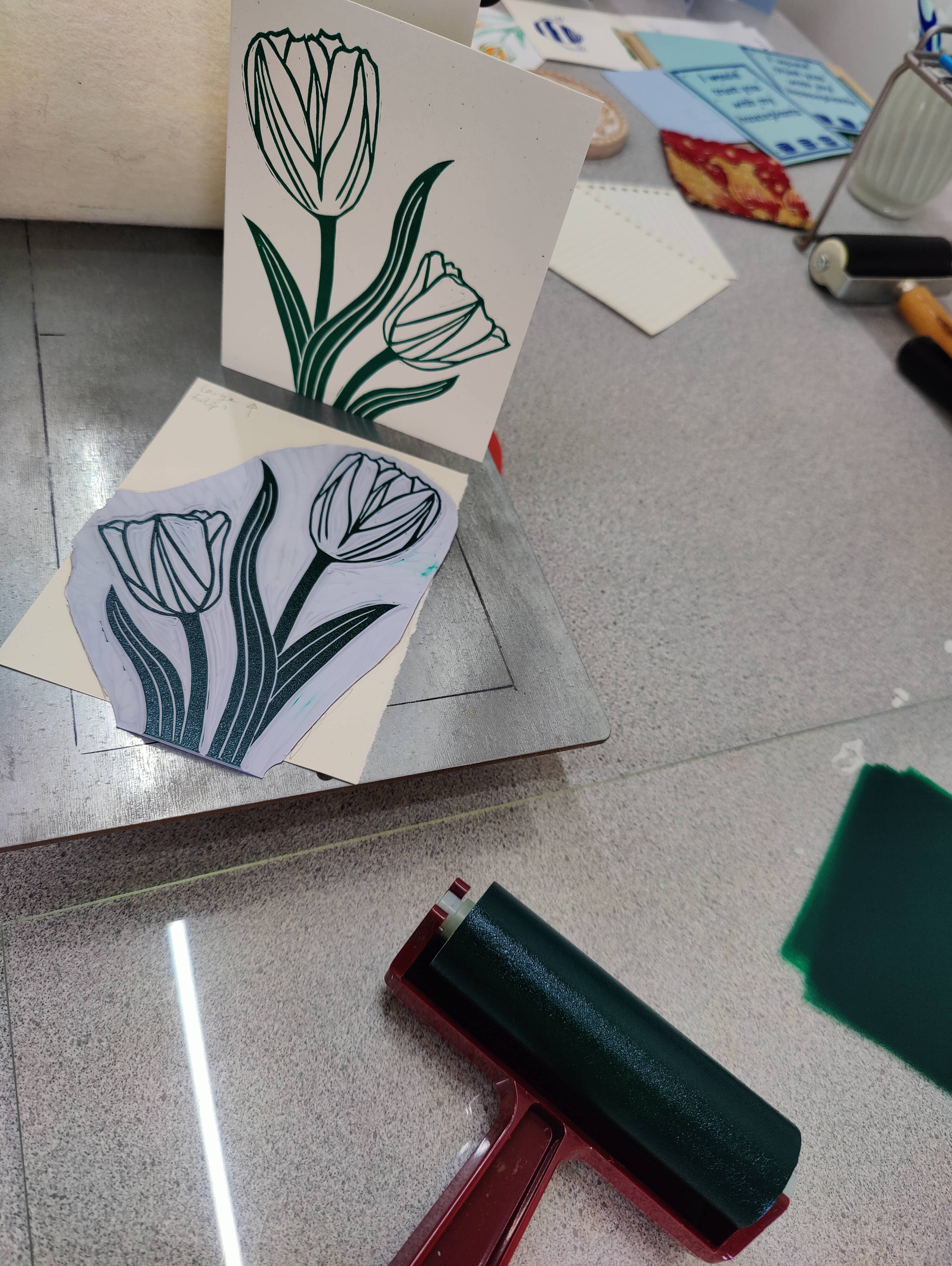 Winter Pickle Press - Wholesale Everyday Greeting Card - Handprinted linocut flowing tulips folded card3