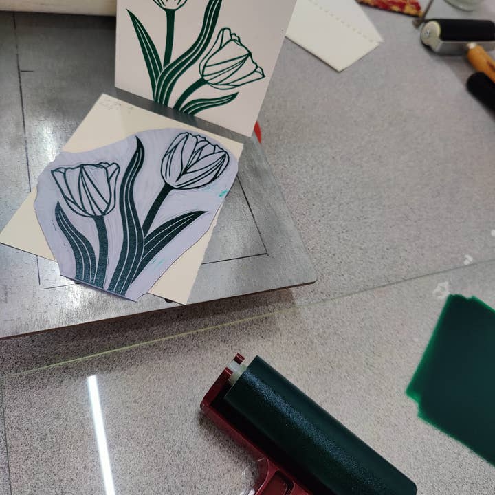 Winter Pickle Press - Wholesale Everyday Greeting Card - Handprinted linocut flowing tulips folded card3