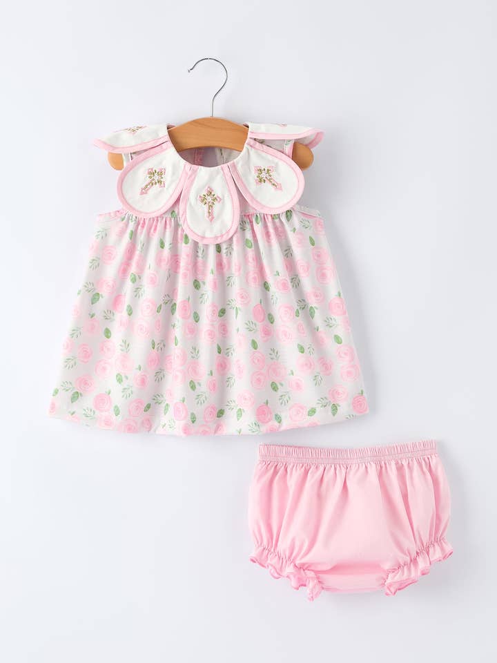 Petal Peter Pan Collar Christening Baby Girls Bloomer Set for wholesale by Rylee Faith Designs