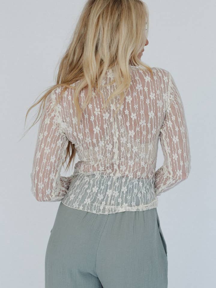 White Sheer Floral Lace Long Sleeve Slim Fit Top for wholesale on Faire