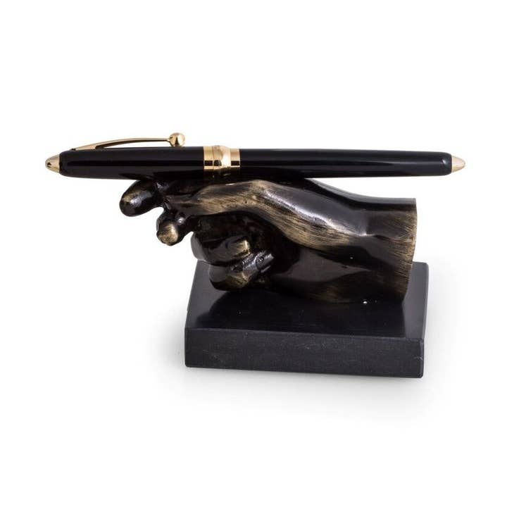 Bronzed Finished Hand Pen Holder on Black Marble Base for wholesale by BeyBerk International