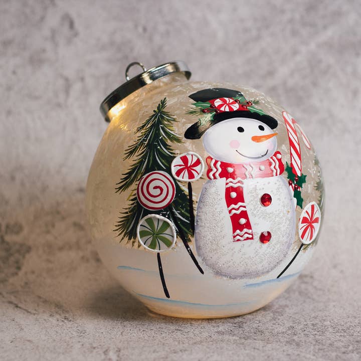 A Cheerful Giver - Wholesale Christmas Decoration - Candy Cane Snowman Ornament w/LED String Lights — Christmas, Holiday Ornaments2