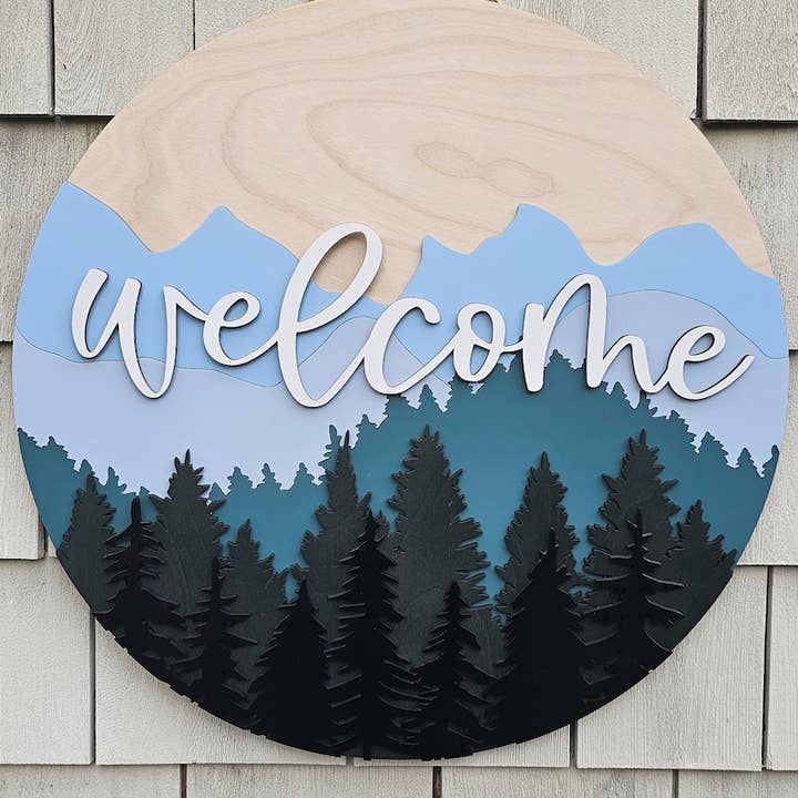 Mountain Scene Welcome Sign | Birch Wood Door Hanger | 16 Inch and 18 inches for wholesale by Southcoast Lasersmith