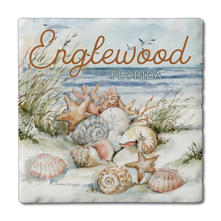 Sottobicchiere in piastrelle burattate con nome «Drop», conchiglie in riva al mare per la vendita all'ingrosso da parte di CounterArt/Highland Home/Thirstystone