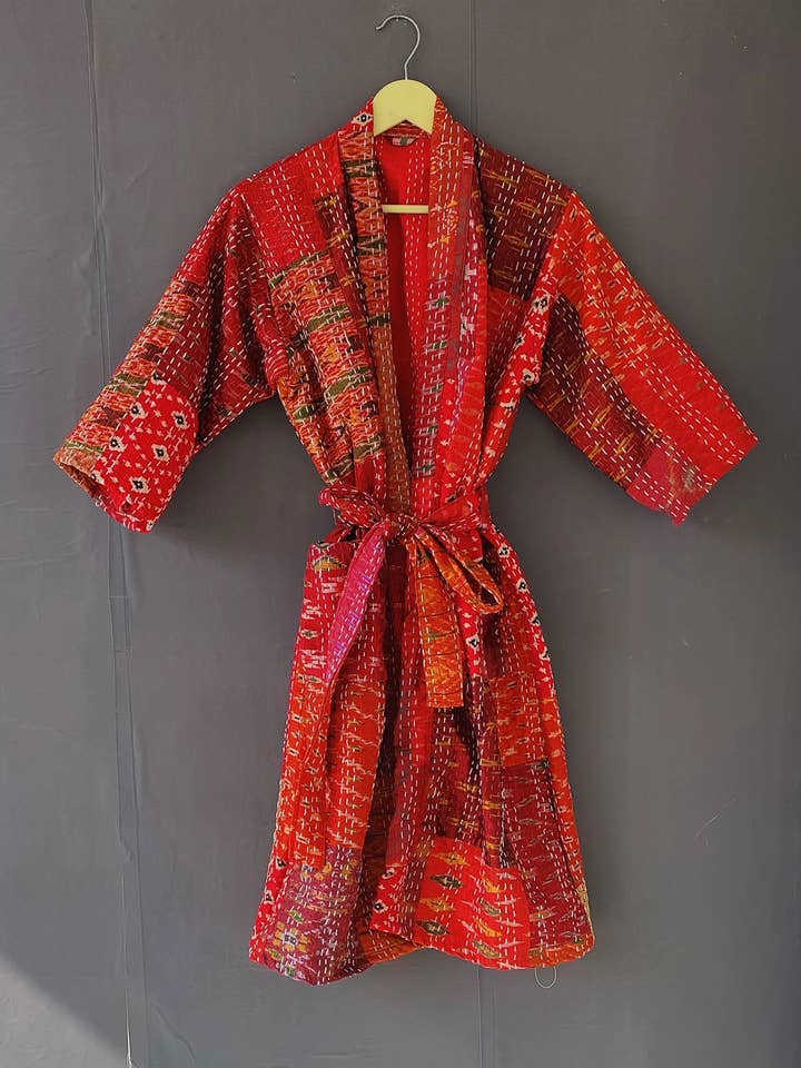 bhavnas boutique - Wholesale Kimono - Women's - Vintage Silk Sari kantha Kimono Recycled Dressing Gowns2