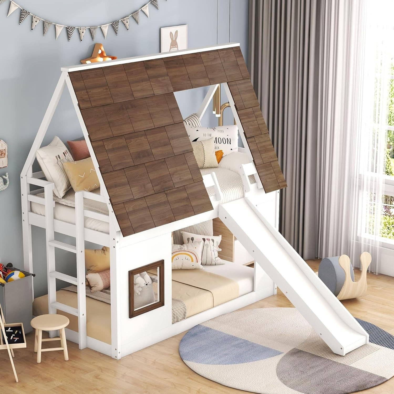 White Brown Twin Over Twin Bunk Bed With Slide For Kids Room Ready for wholesale on Faire3