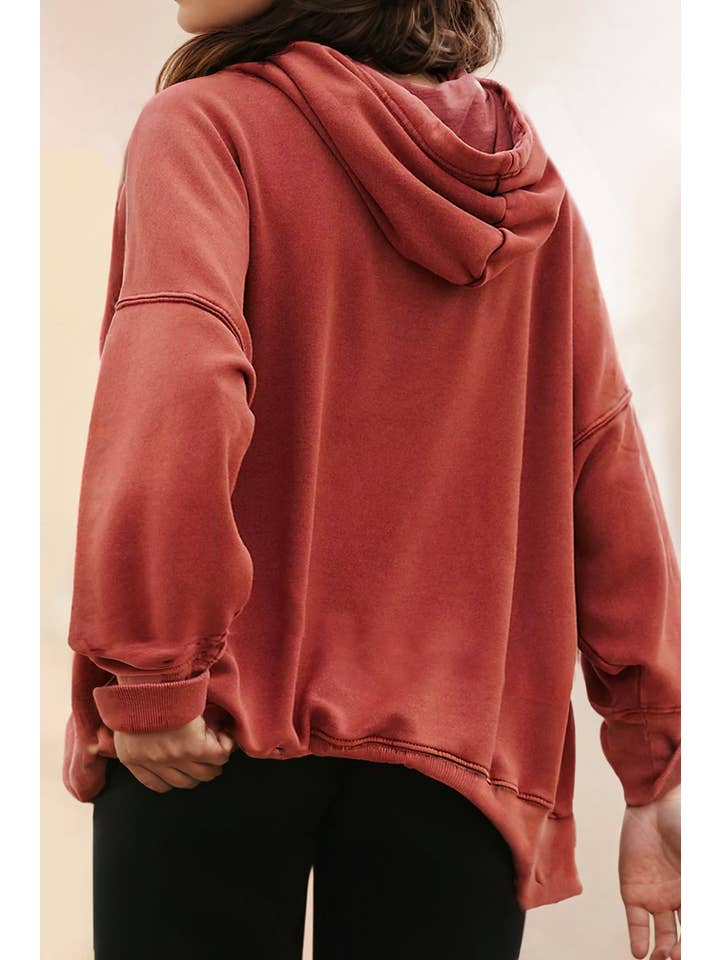 Red Drop Shoulder Pocketed Baggy Drawstring Hoodie for wholesale on Faire1
