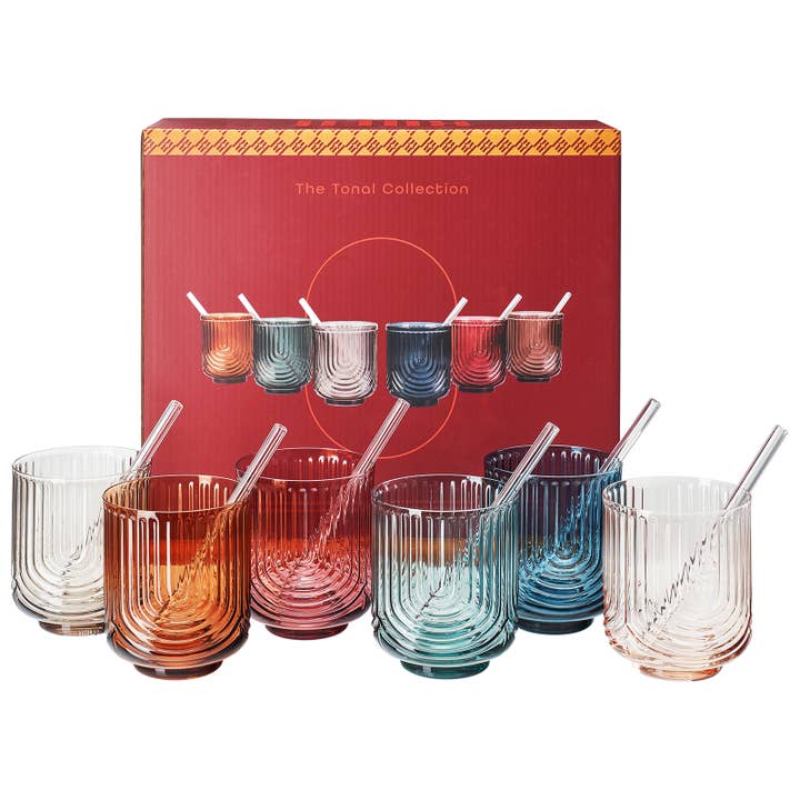 The Wine Savant / Khen Glassware - Wholesale Cocktail/Liquor Glass - Vintage Art Deco Tumbler Glasses with Straw | Set of 6 9.6OZ