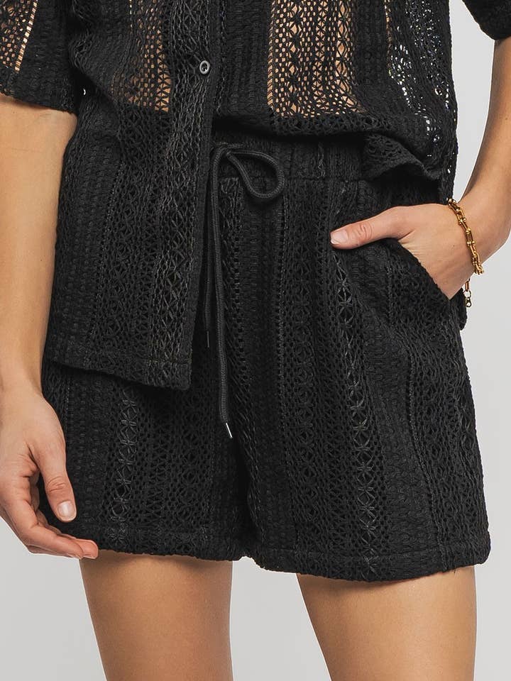 Urban Daizy - Wholesale Shorts - Women's - Bohemian Crochet Knit Drawstring Elastic Waist Pocket Shorts0