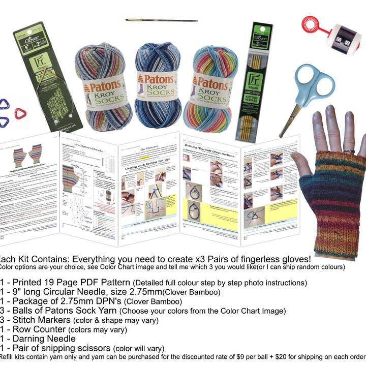 DIY Kit to Knit x3 Pairs of Fingerless Gloves (Visual Knit) for wholesale by BeeGreen & CraftsPlannersPlus