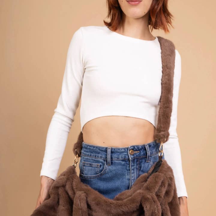 MCFBCH Chocolate Faux Fur Fun Bag with Double Handle for wholesale by LOOWIE