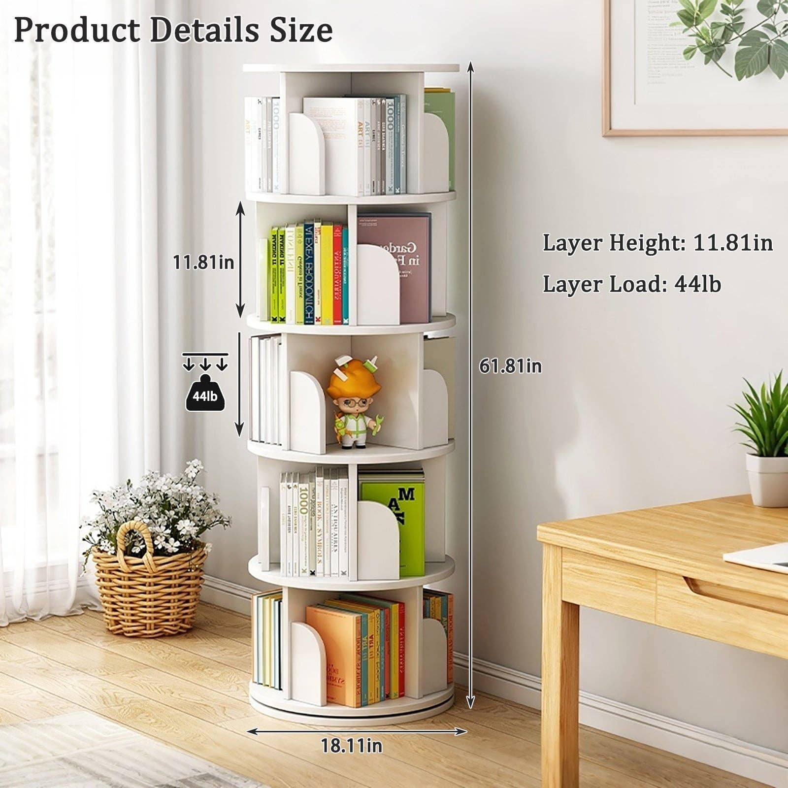 39F Inc. - Vente Bibliothèques - Étagère pivotante à 5 niveaux en MDF blanc pour la maison ou le bureau6