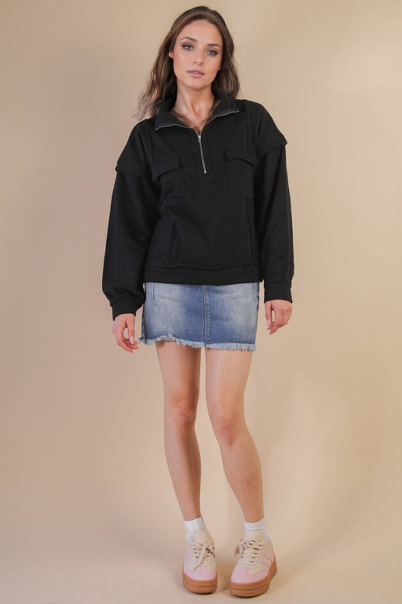 VERY J - Vente Sweat-shirt – femme - NT11793-Haut de sweat-shirt Henley en tissu contrasté à col montant3