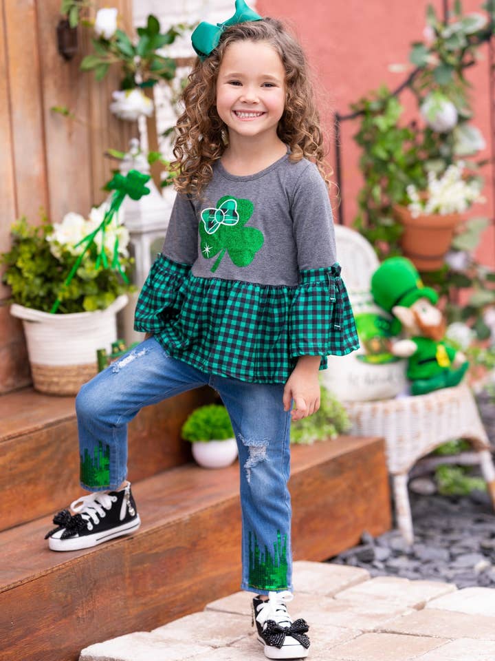 Green Leprechauns Love Plaid Ruffle Top for wholesale on Faire1