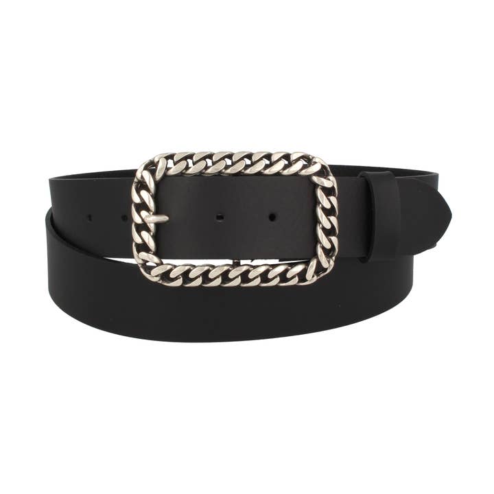Invecchiato women's leather belt with chain buckle, black for wholesale on Faire