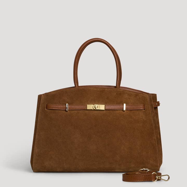 Voemièn - Wholesale Top Handle Bag - Women's - Driade Bag in Tan Suede and Dollar Leather4