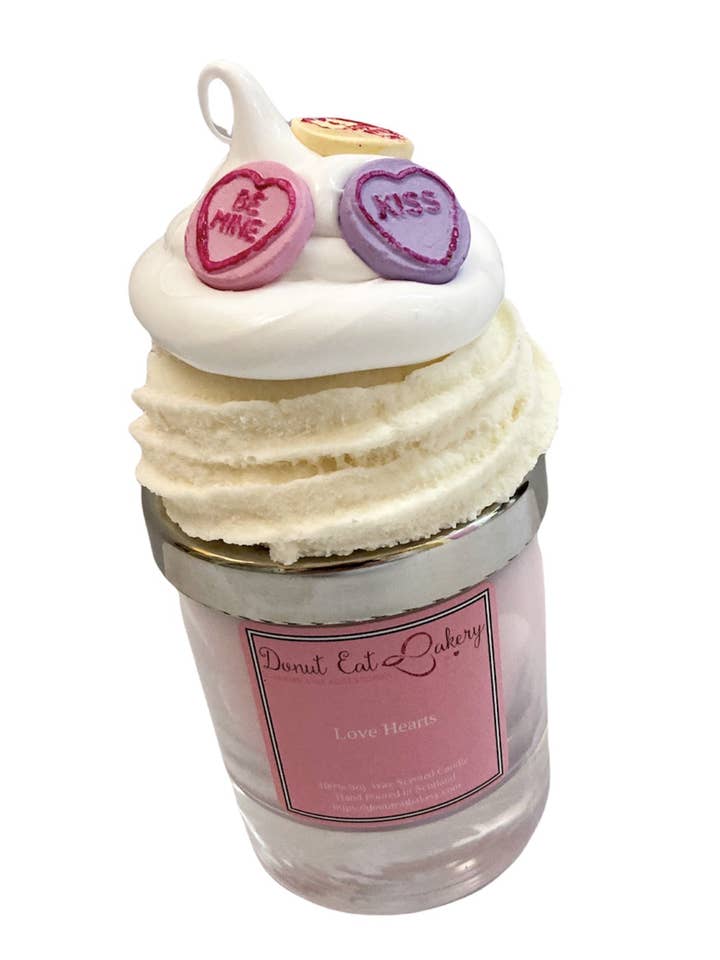 Love Hearts Cupcake Candle for wholesale by Donut Eat Bakery