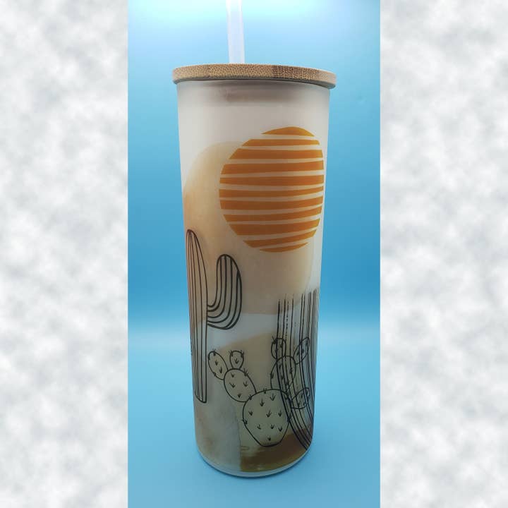 25oz Glass Skinny Tumbler - Boho Desert Scene for wholesale by Dyeverse Creations