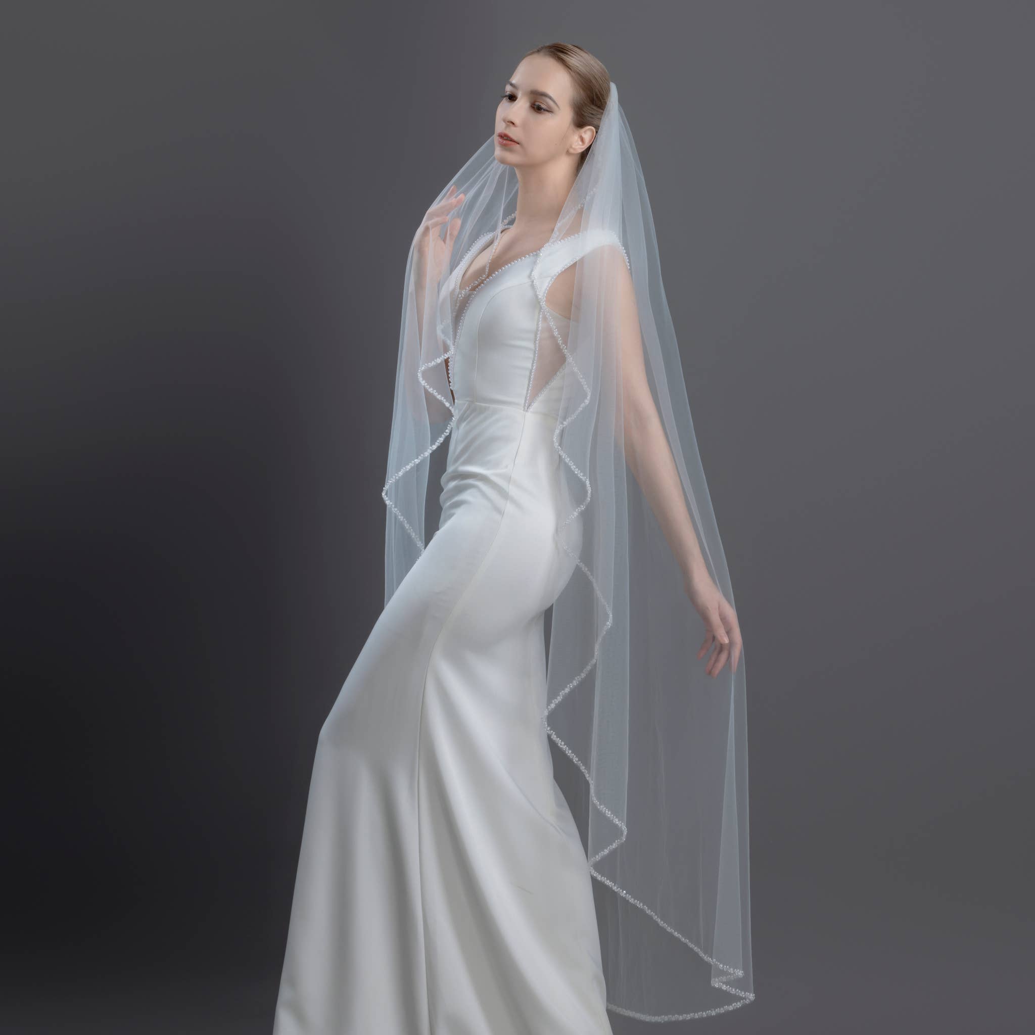 Farinosa Bridal - Wholesale Veil - Women's - FS6243-AC Pearl Crystal Beads Edge Angel Cut Bridal Veil 60"3