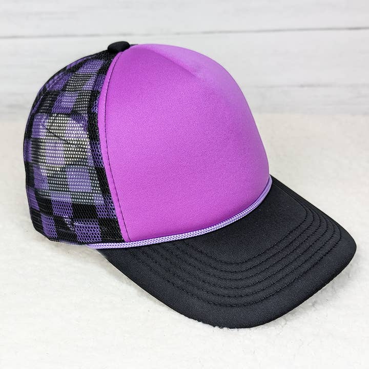 Trendy Tee Co. - Wholesale Trucker Hat - Unisex - Neon Purple & Black Checkered Foam Trucker Hat