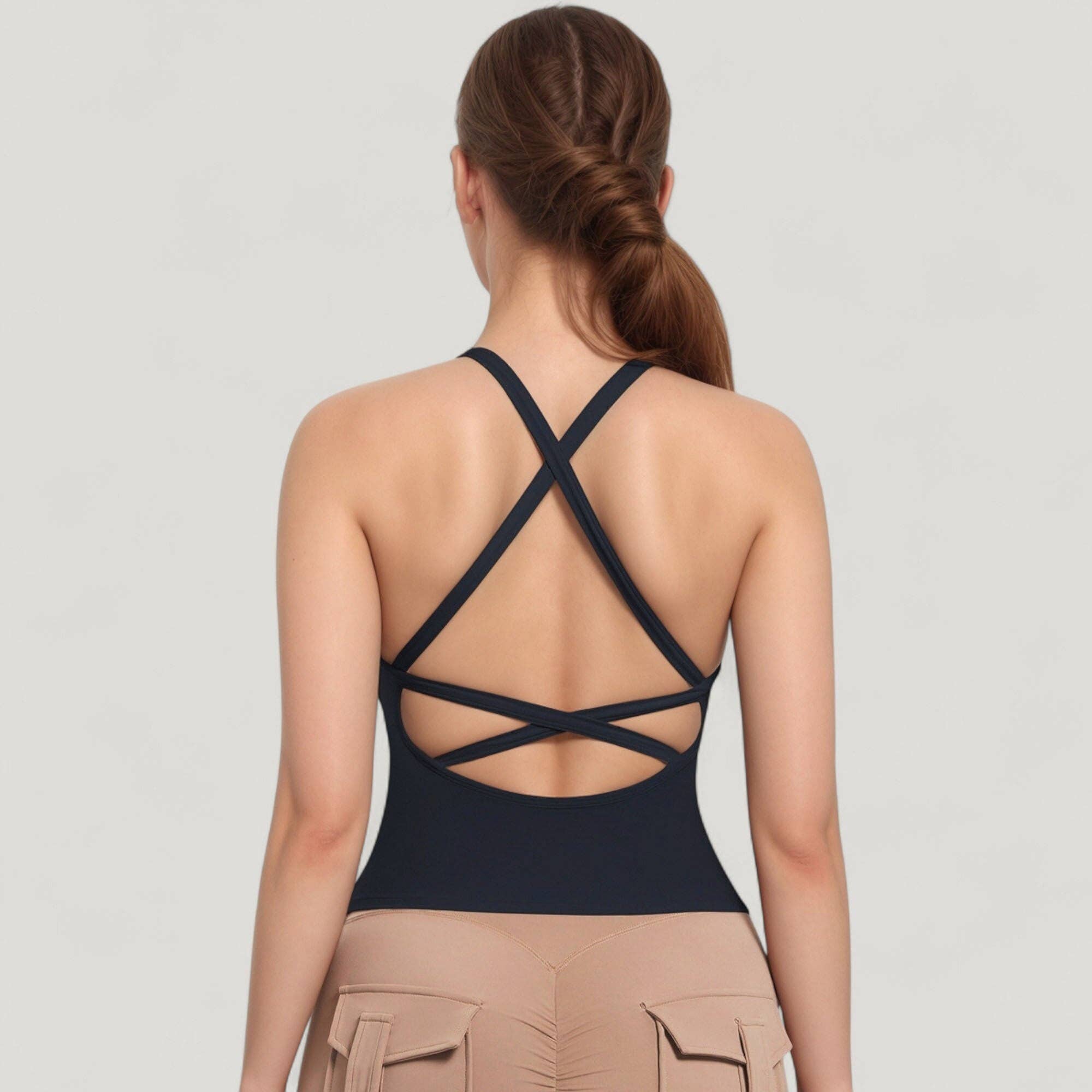 Active by Anna-Kaci - Wholesale Athletic Top - Women's - Strappy Crisscross Back Athletic Tank Top with Built-In Shel25