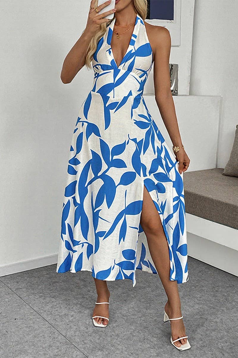 BLUE CWDMD6281_TROPICAL HALTER NECK SPLIT HEM BEACH DRESS for wholesale on Faire0