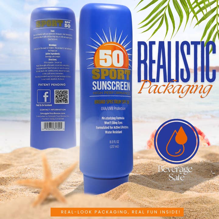 Smuggle Your Booze - Venta al por mayor Regalo de broma/detalle - Protector solar SPF 50, petaca Stealth de 8 onzas con embudo y 5 sellos