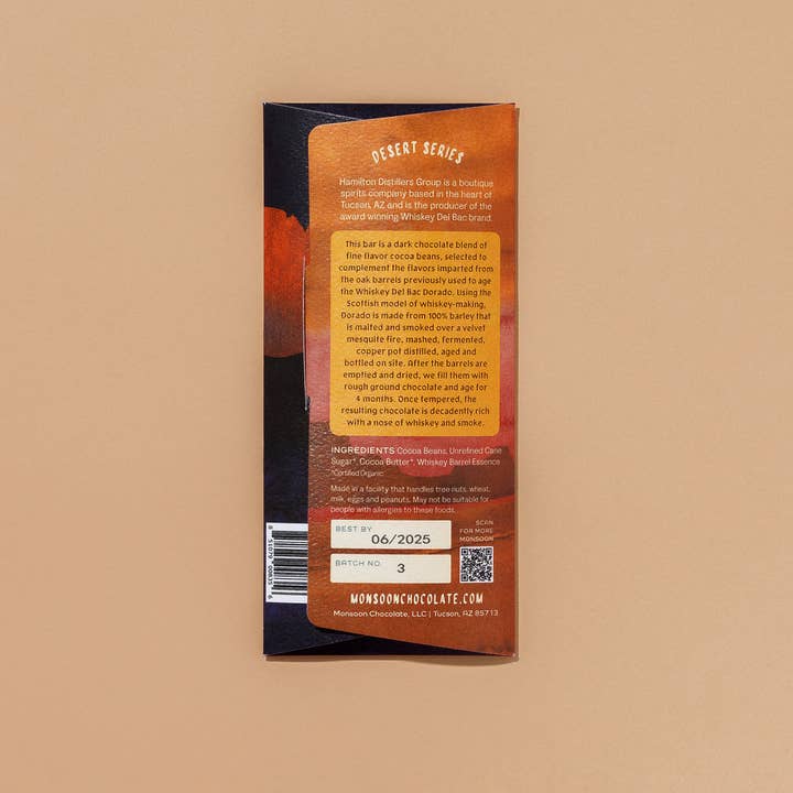 Monsoon Chocolate - Wholesale Chocolate Bar - Monsoon Whiskey Del Bac Barrel Aged 74% Dark Chocolate (Good Food Award Winner '23), 50g3