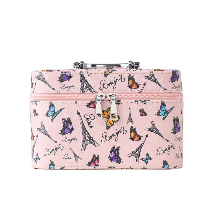 Selini New York - Wholesale Makeup/Cosmetic Bag - Medium Butterflies & Paris Makeup Train Case-LNCTB3006-PK