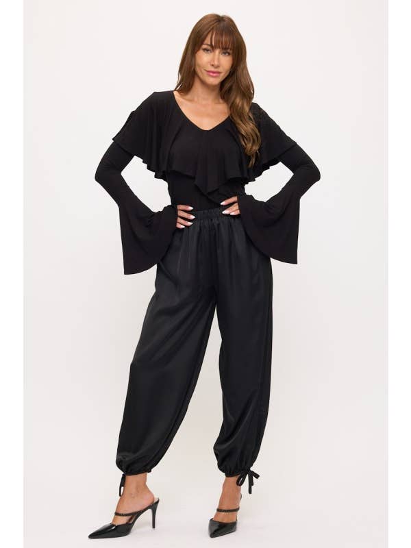 Black Made in USA Tie Hem Satin Pants for wholesale on Faire4