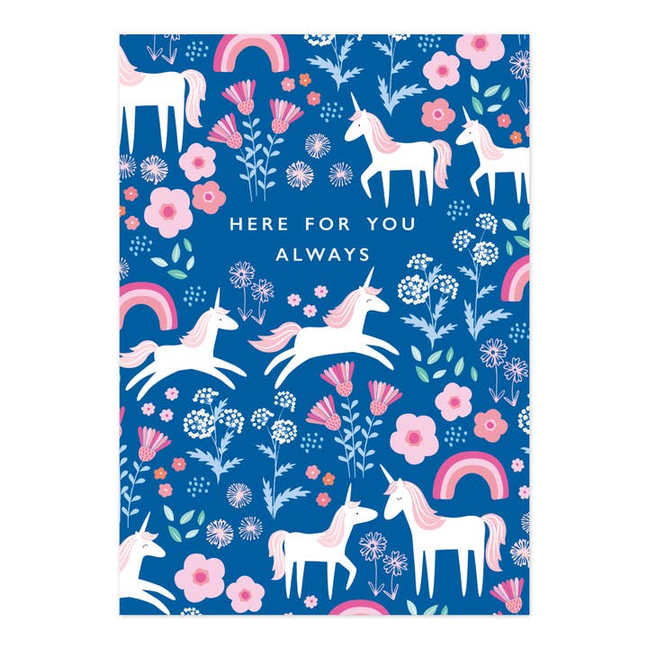 Here For You Always Greetings Card | Unicorn & Flowers for wholesale by Klara Hawkins