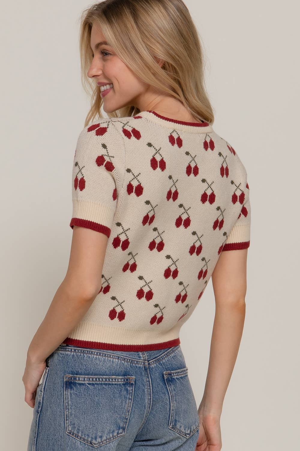 Active Basic | Active USA - Wholesale Knit Top - Women's - Short Sleeve Contrasting Edge Line Cherry Pattern Sweater10