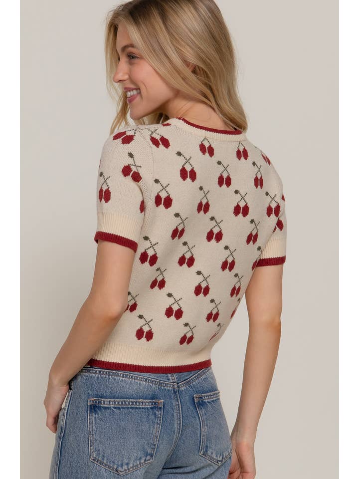 Active Basic | Active USA - Wholesale Knit Top - Women's - Short Sleeve Contrasting Edge Line Cherry Pattern Sweater10
