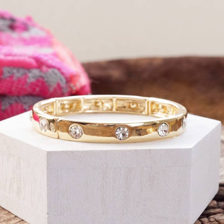 PennyLine inc - Wholesale Bangle Bracelet - Eternity Stretchy Stackable Bangle Gold Tone Clear Crystals
