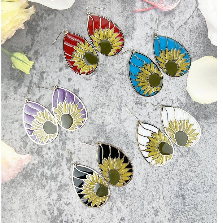 TEARDROP WITH SUN FLOWER MOTHERSDAY EARRING for wholesale by JHP Collection