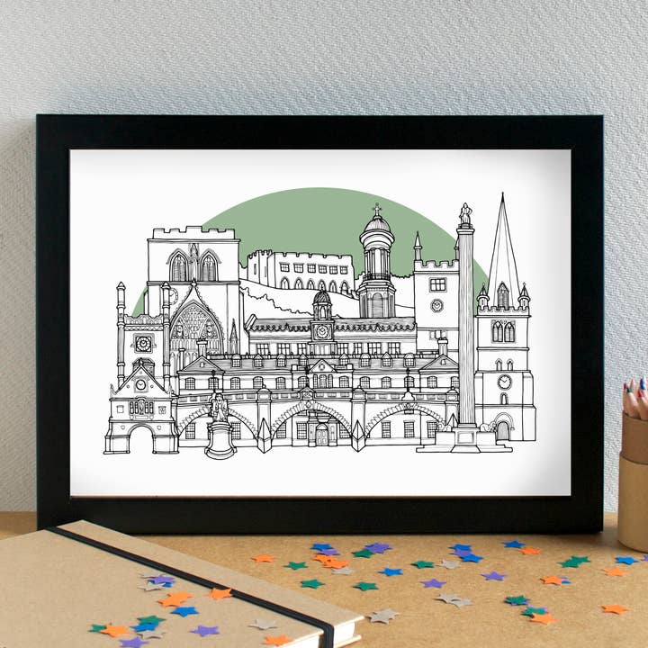 Shrewsbury Skyline Landmarks Art Print - unframed for wholesale by Becka Griffin Illustration