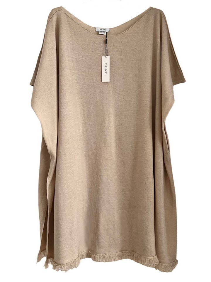 Poncho de cashmere e seda camel com franjas na barra por atacado de PRATI