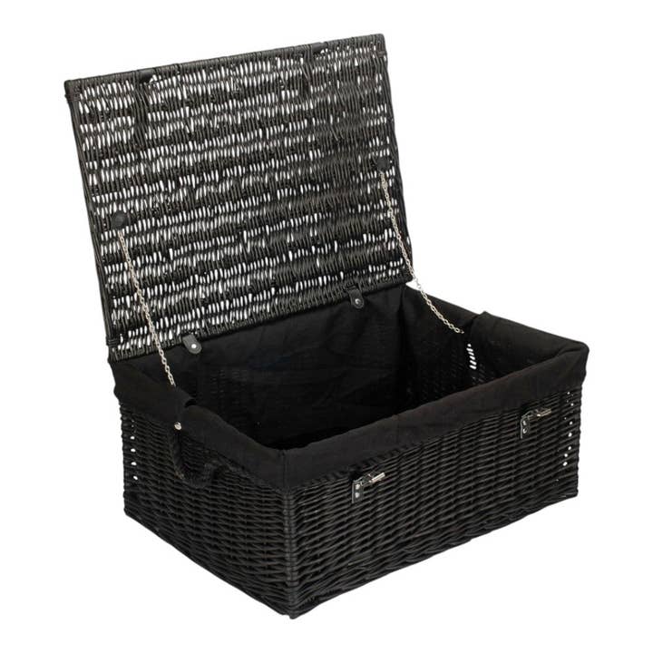 Cesta de picnic de mimbre negro de 67 cm con asas de cuerda y forro de algodón negro para venta al por mayor de Red Hamper