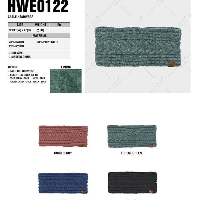 Hana - Wholesale Fashion Headband - Women's - C.C Cable Knit Lining Headwrap Winter Headband