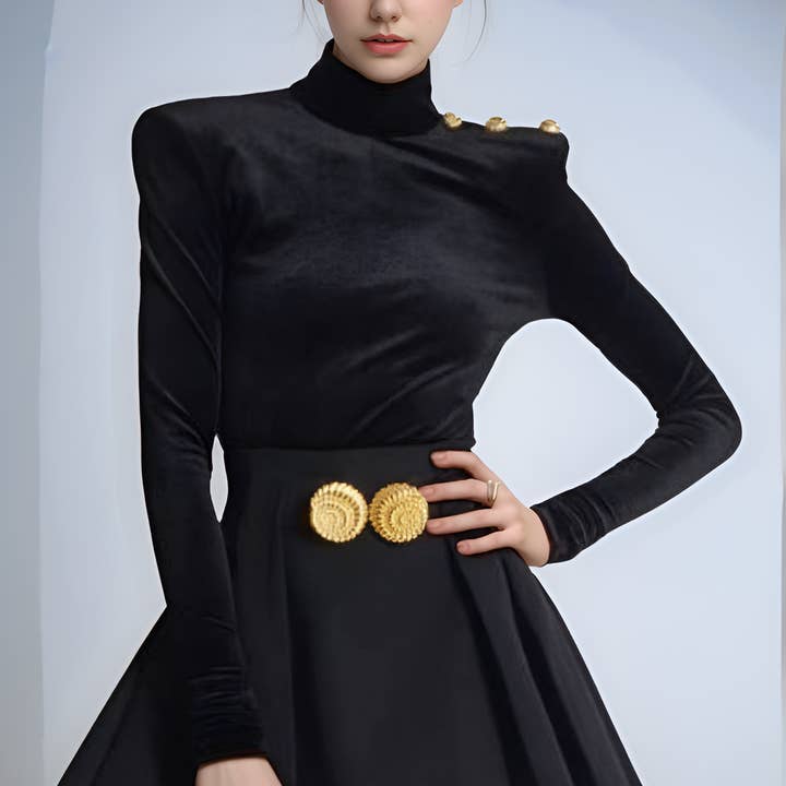 SET-18Y Velvet Turtleneck Top & A-Line High Waist Skirt Set for wholesale by Productseeker
