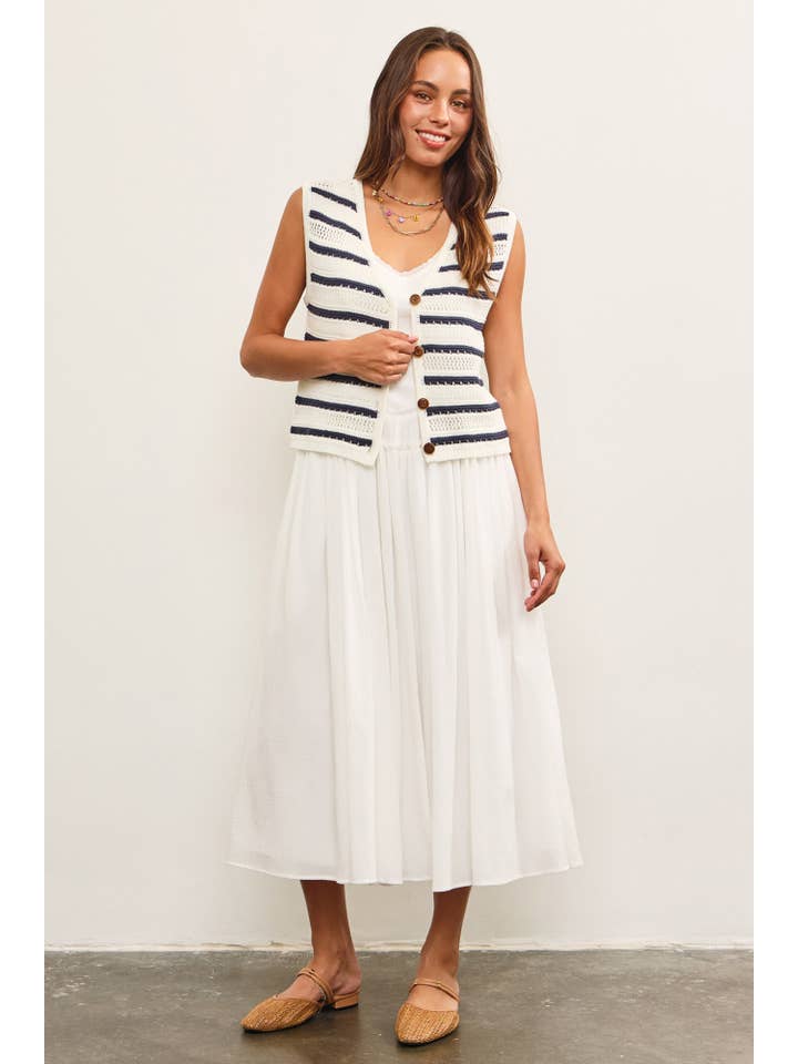 IVORY STRIPED BUTTON CLOSURE SLEEVELESS SWEATER VEST for wholesale on Faire