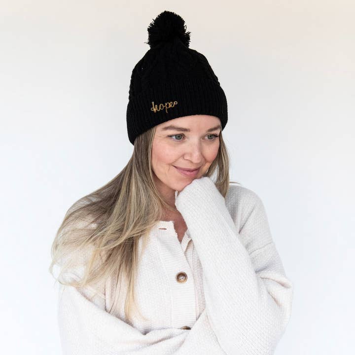 Cable Knit Pom-Pom Beanie - Black for wholesale by Headbands of Hope | One Purchased One Donated